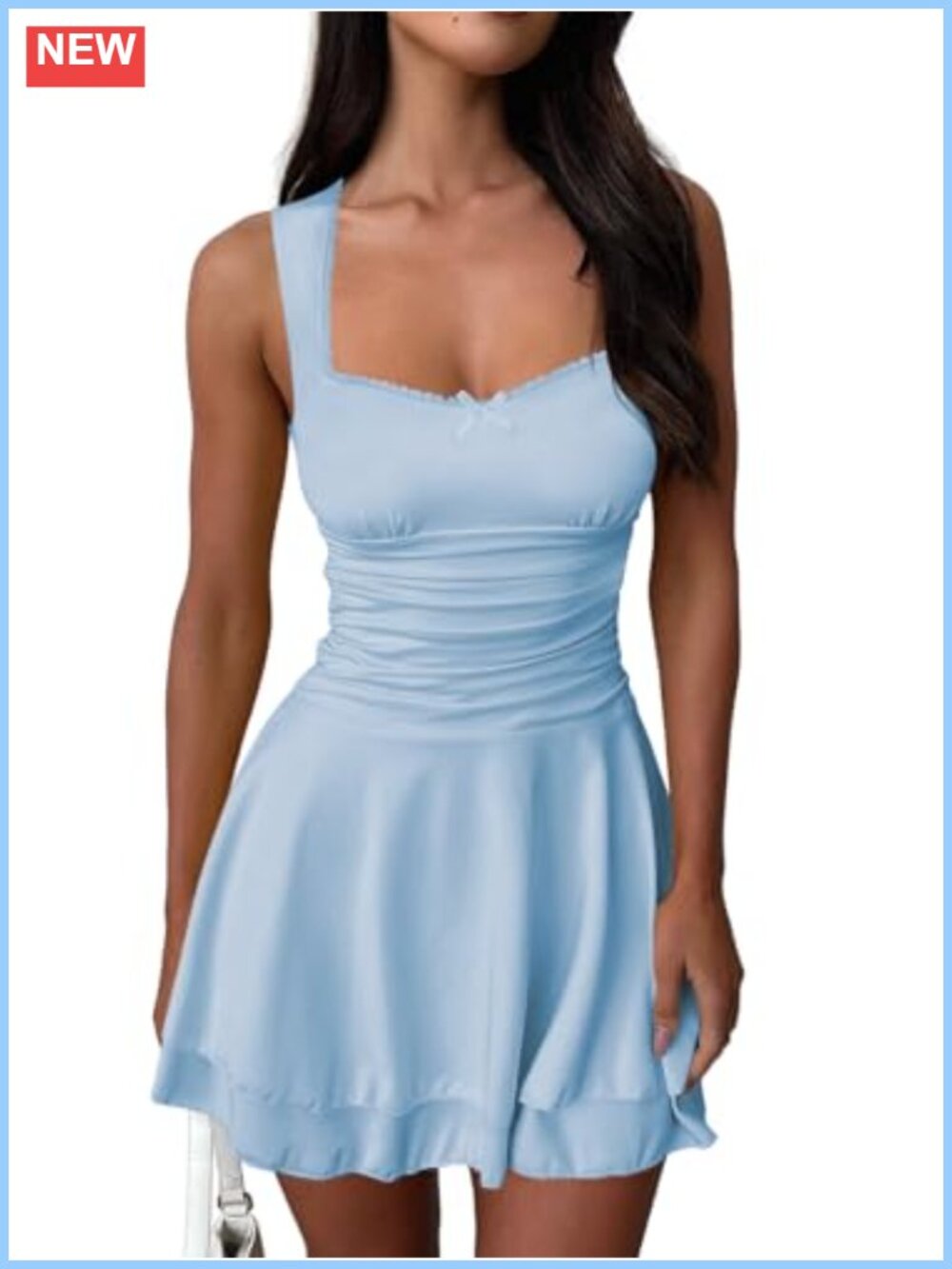 Summer Corset Mini Dress Women Square Neck Lace Trim Sleeveless Ruched